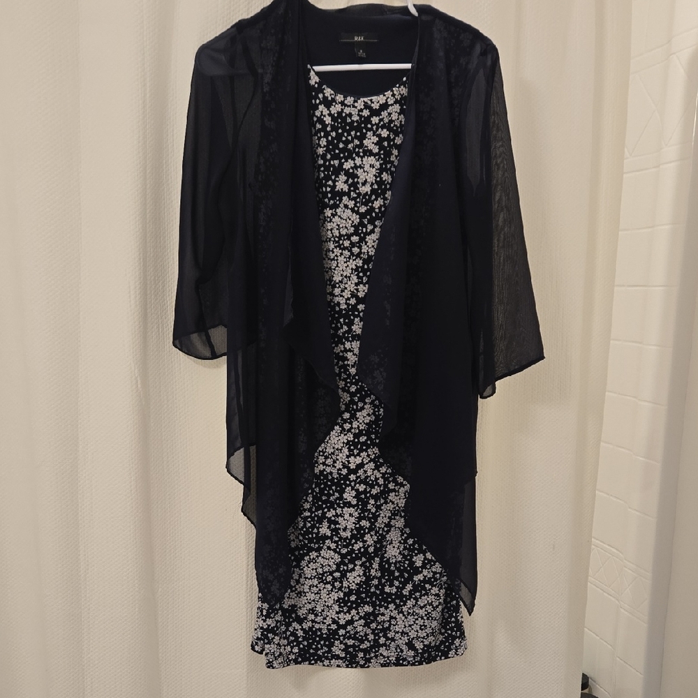 R&K Navy and White Floral Dress with Sheer Overlay